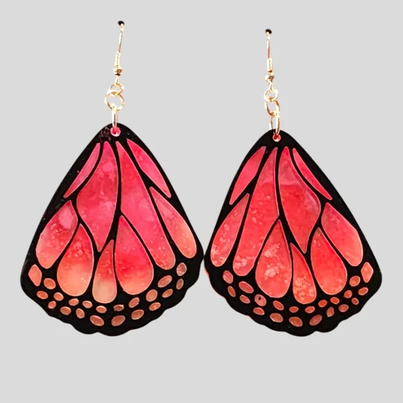 Handmade Pink Ombre Resin Butterfly Wings Dangle Earrings - Picture 2 of 2